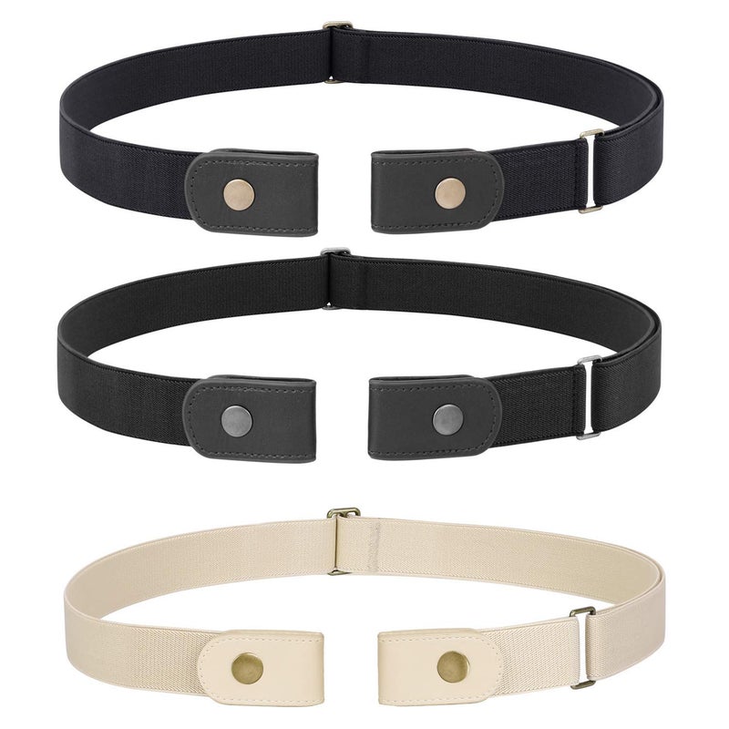 WHIPPY 3 Pieces Buckle Free Adjustable Women Belt, No Buckle Invisible Elastic Belts for Jeans Pants (Black Beige, Fit Pants Size 22-36 Inches) - Image 1